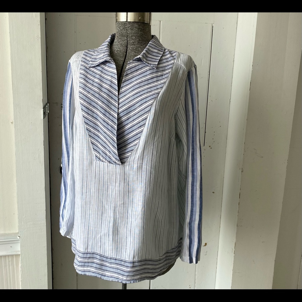 Coldwater Creek Linen Stripe Popover Blouse Roll Tab Sleeves